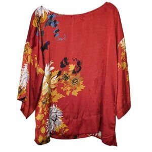 Soft Surroundings Rust Red Floral Kimono Blouse Top Size L Polyester